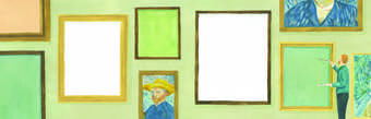 Illustration of a wall of hanging picture frames 